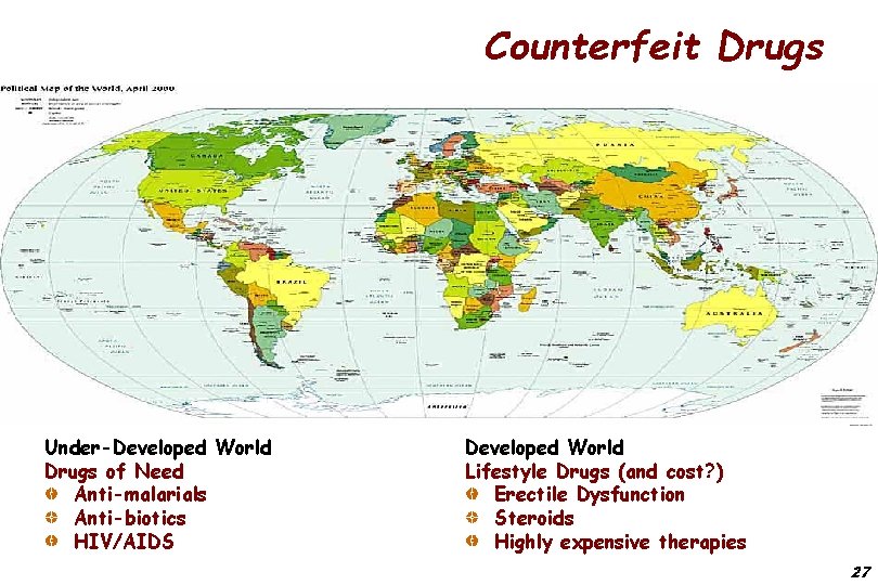 Counterfeit Drugs Under-Developed World Drugs of Need Anti-malarials Anti-biotics HIV/AIDS Developed World Lifestyle Drugs