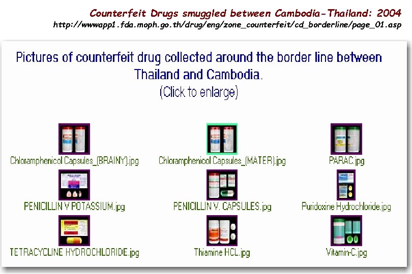 Counterfeit Drugs smuggled between Cambodia-Thailand: 2004 http: //wwwapp 1. fda. moph. go. th/drug/eng/zone_counterfeit/cd_borderline/page_01. asp