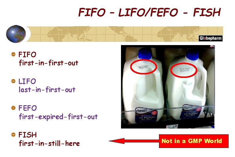 FIFO – LIFO/FEFO - FISH FIFO first-in-first-out LIFO last-in-first-out FEFO first-expired-first-out FISH first-in-still-here Not