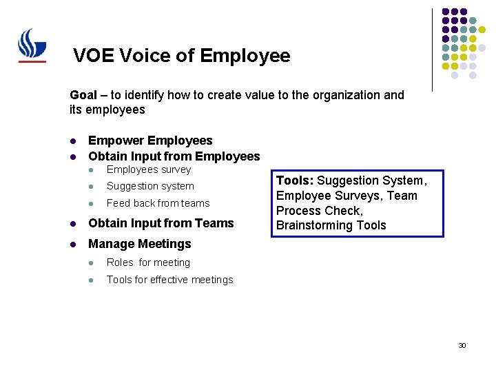 VOE Voice of Employee Goal – to identify how to create value to the