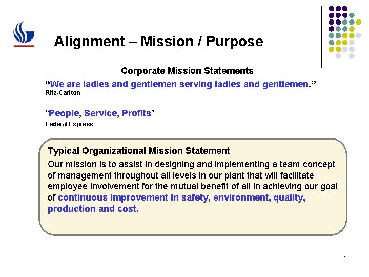 Alignment – Mission / Purpose Corporate Mission Statements “We are ladies and gentlemen serving