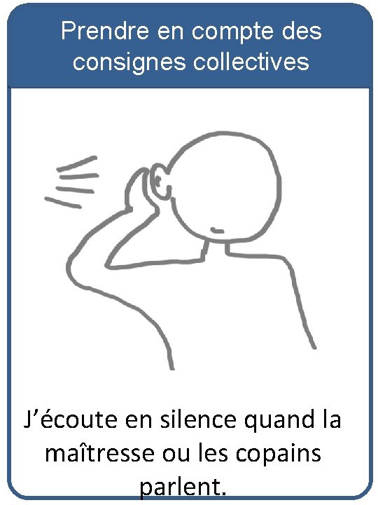 Prendre en compte des consignes collectives J’écoute en silence quand la maîtresse ou les