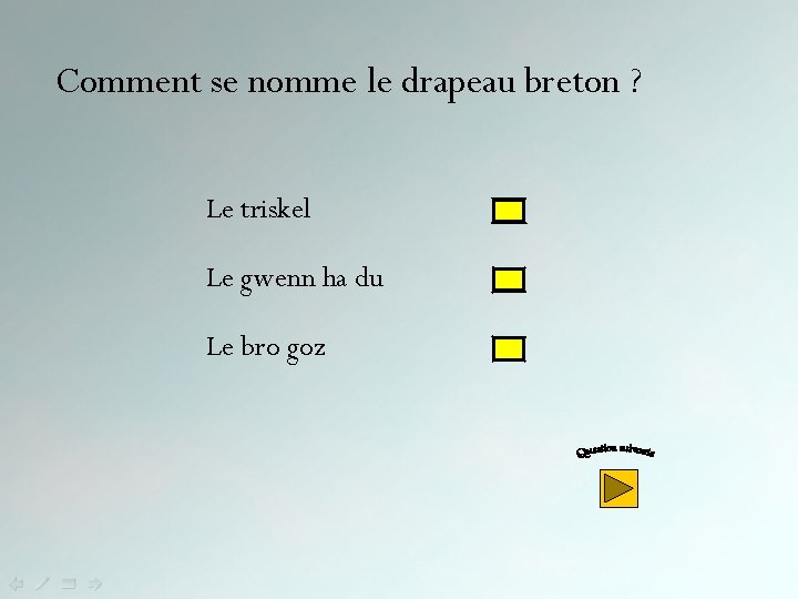 Comment se nomme le drapeau breton ? Le triskel Le gwenn ha du Le