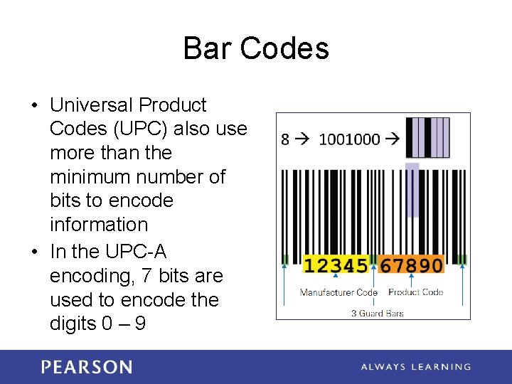 Bar Codes • Universal Product Codes (UPC) also use more than the minimum number