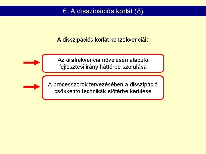 6. A disszipációs korlát (8) A disszipációs korlát konzekvenciái: Az órafrekvencia növelésén alapuló fejlesztési