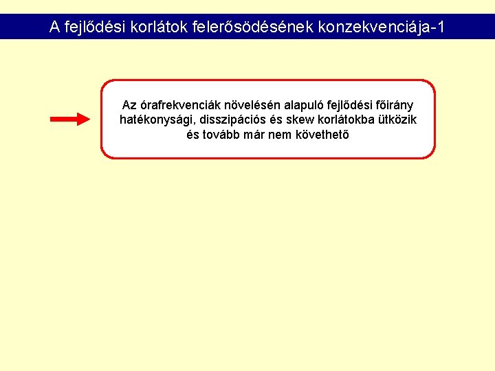 A fejlődési korlátok felerősödésének konzekvenciája-1 Az órafrekvenciák növelésén alapuló fejlődési főirány hatékonysági, disszipációs és