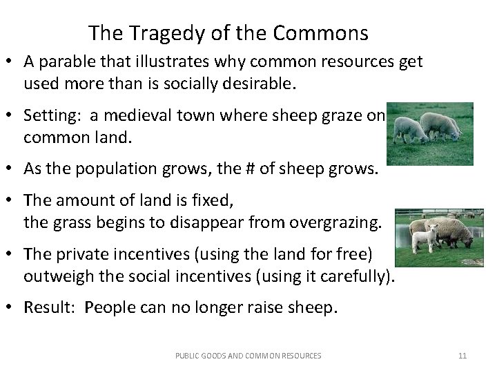 The Tragedy of the Commons • A parable that illustrates why common resources get