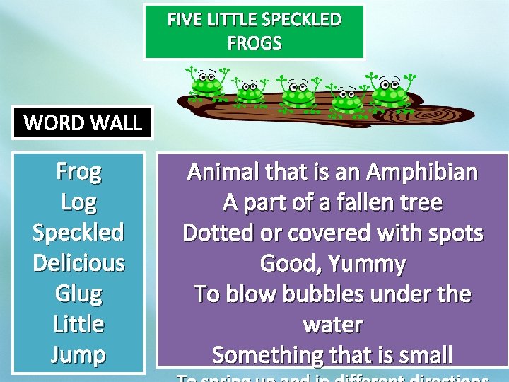 FIVE LITTLE SPECKLED FROGS WORD WALL Frog Log Speckled Delicious Glug Little Jump Animal