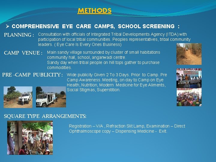 METHODS Ø COMPREHENSIVE EYE CARE CAMPS, SCHOOL SCREENING : PLANNING : Consultation with officials