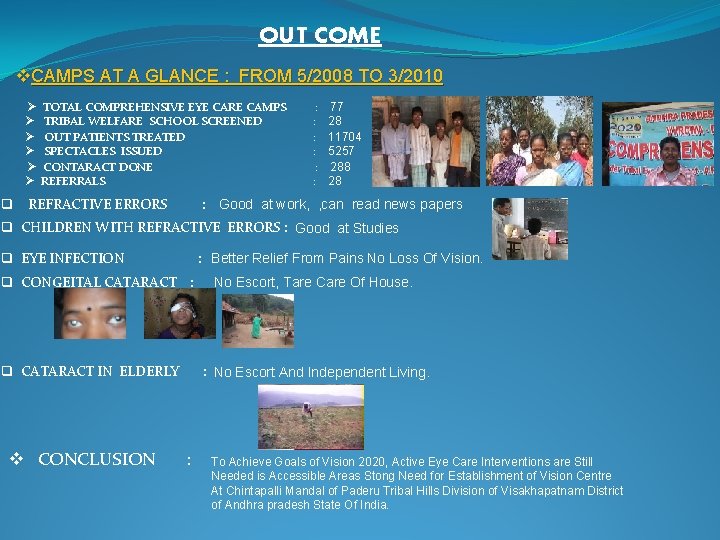 OUT COME v. CAMPS AT A GLANCE : FROM 5/2008 TO 3/2010 Ø Ø