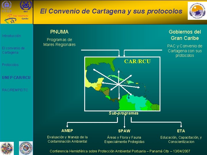 El Convenio de Cartagena y sus protocolos Introducción El convenio de Cartagena PNUMA Gobiernos