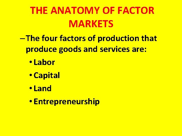 THE ANATOMY OF FACTOR MARKETS – The four factors of production that produce goods