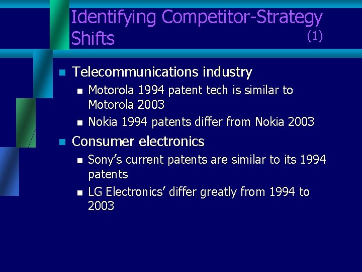 Identifying Competitor-Strategy Shifts (1) n Telecommunications industry n n n Motorola 1994 patent tech