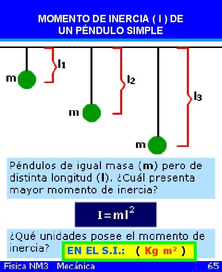 MOMENTO DE INERCIA ( I ) DE UN PÉNDULO SIMPLE EN EL S. I.