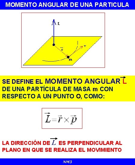 MOMENTO ANGULAR DE UNA PARTICULA SE DEFINE EL MOMENTO ANGULAR L DE UNA PARTÍCULA