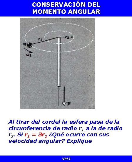 CONSERVACIÓN DEL MOMENTO ANGULAR Al tirar del cordel la esfera pasa de la circunferencia