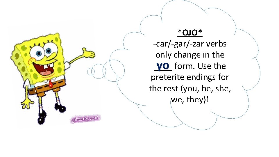  *OJO* -car/-gar/-zar verbs only change in the ____ form. Use the yo preterite