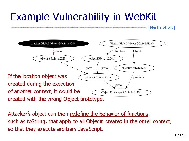 Example Vulnerability in Web. Kit [Barth et al. ] If the location object was