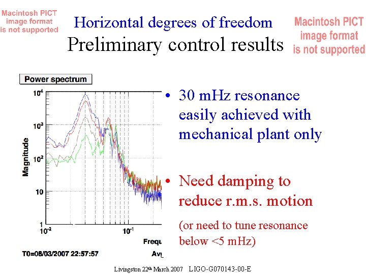 Horizontal degrees of freedom Preliminary control results • 30 m. Hz resonance easily achieved