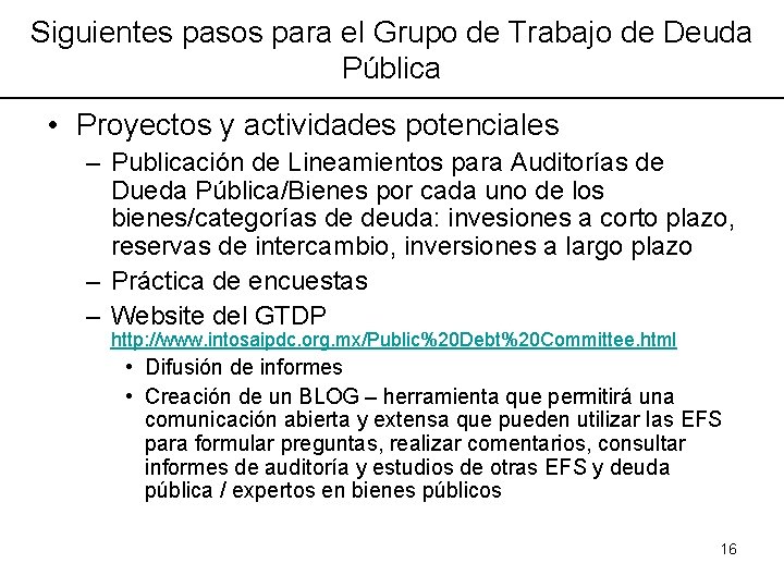 Siguientes pasos para el Grupo de Trabajo de Deuda Pública • Proyectos y actividades