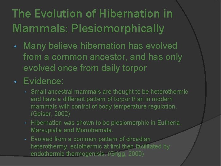 The Evolution of Hibernation in Mammals: Plesiomorphically Many believe hibernation has evolved from a