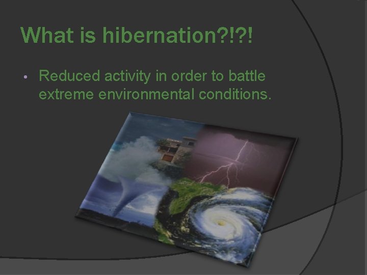 What is hibernation? !? ! • Reduced activity in order to battle extreme environmental