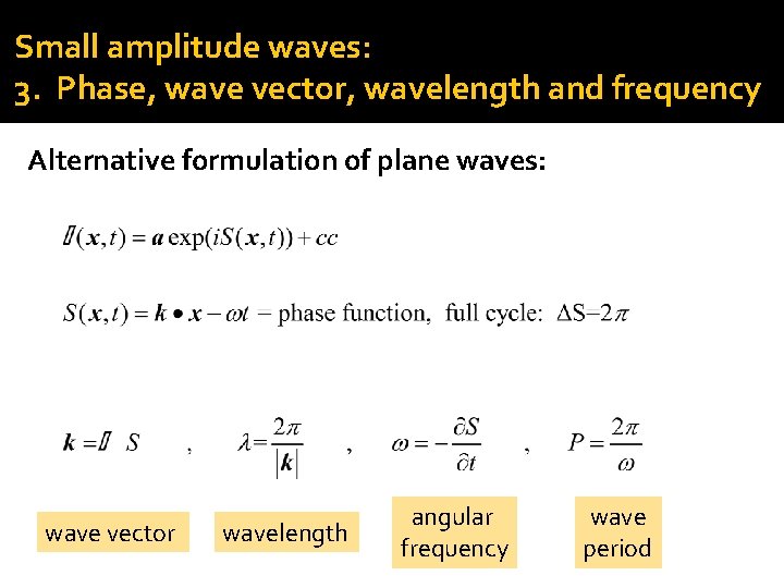 Small amplitude waves: 3. Phase, wave vector, wavelength and frequency Alternative formulation of plane