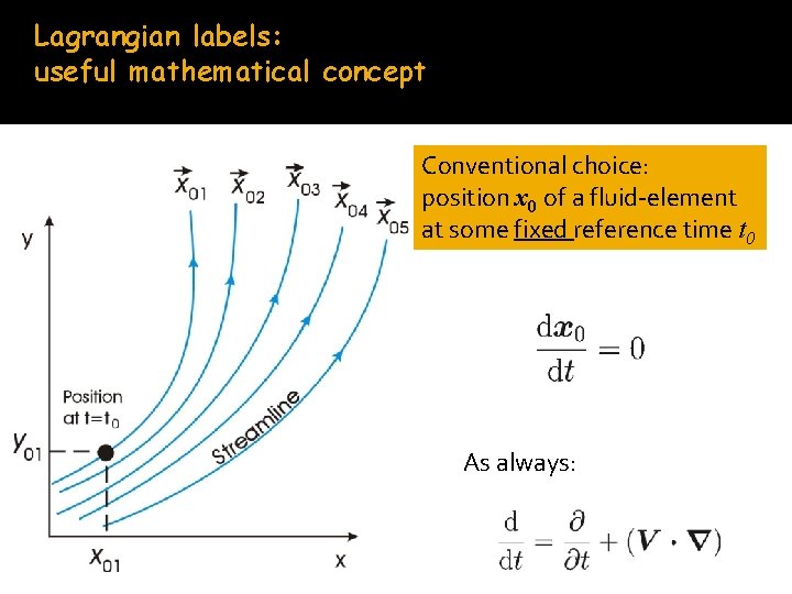 Lagrangian labels: useful mathematical concept Conventional choice: position x 0 of a fluid-element at
