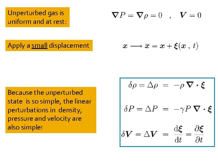 Unperturbed gas is uniform and at rest: Apply a small displacement Because the unperturbed