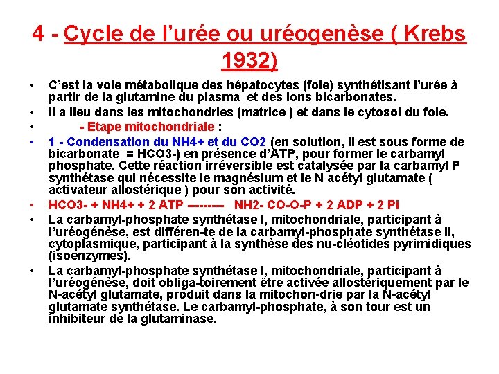 4 Cycle de l’urée ou uréogenèse ( Krebs 1932) • • C’est la voie