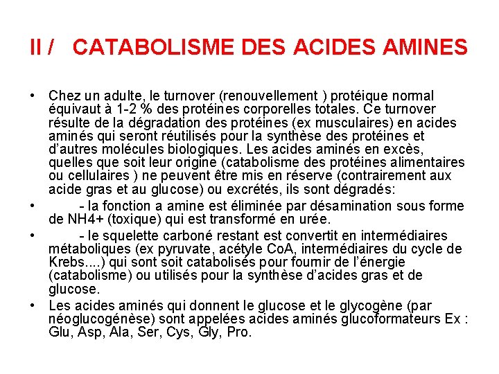 II / CATABOLISME DES ACIDES AMINES • Chez un adulte, le turnover (renouvellement )