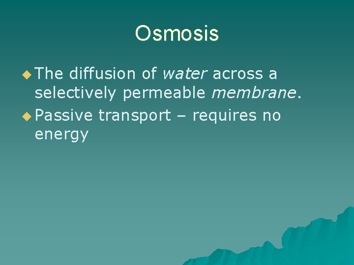 Osmosis u The diffusion of water across a selectively permeable membrane. u Passive transport