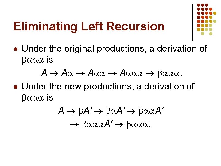 Eliminating Left Recursion l l Under the original productions, a derivation of is A