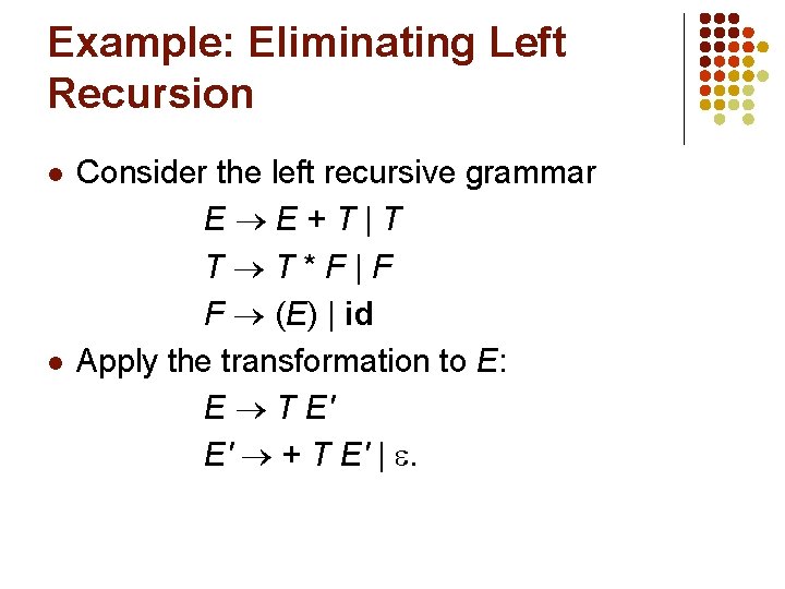 Example: Eliminating Left Recursion l l Consider the left recursive grammar E E+T|T T