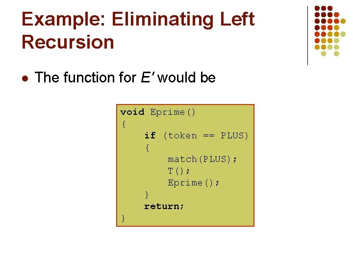 Example: Eliminating Left Recursion l The function for E' would be void Eprime() {