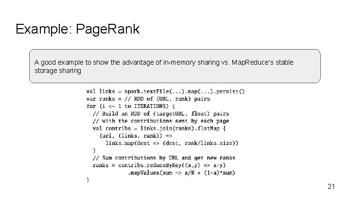 Example: Page. Rank A good example to show the advantage of in-memory sharing vs.