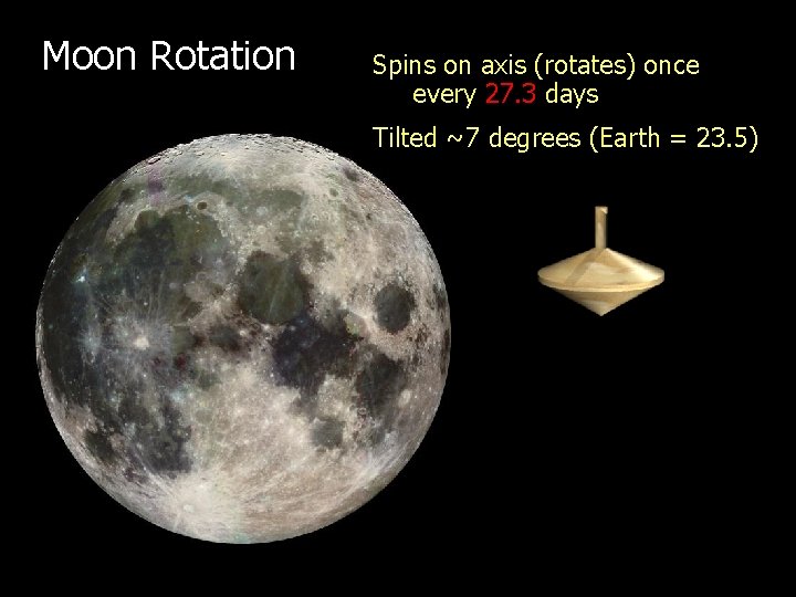 Moon Rotation Spins on axis (rotates) once every 27. 3 days Tilted ~7 degrees