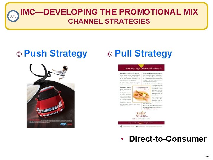 LO 3 IMC—DEVELOPING THE PROMOTIONAL MIX Push CHANNEL STRATEGIES Strategy Pull Strategy • Direct-to-Consumer