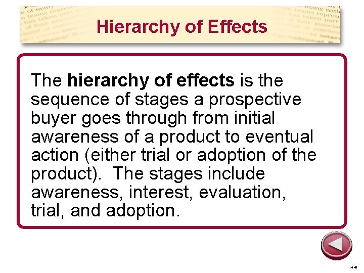 Hierarchy of Effects The hierarchy of effects is the sequence of stages a prospective