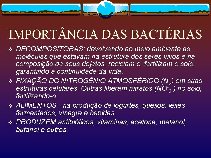 IMPORT NCIA DAS BACTÉRIAS v v DECOMPOSITORAS: devolvendo ao meio ambiente as moléculas que