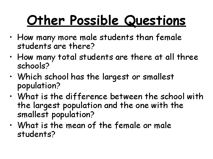 Other Possible Questions • How many more male students than female students are there?