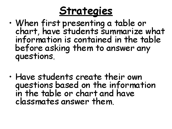 Strategies • When first presenting a table or chart, have students summarize what information