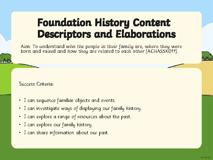 Foundation History Content Aim Descriptors and Elaborations Aim: To understand who the people in