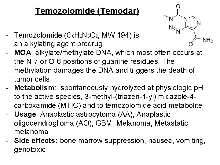 Temozolomide (Temodar) - Temozolomide (C 6 H 6 N 6 O 2, MW 194)
