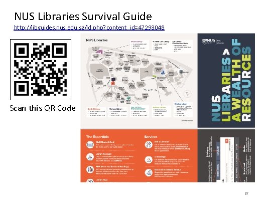 NUS Libraries Survival Guide http: //libguides. nus. edu. sg/ld. php? content_id=47293048 Scan this QR