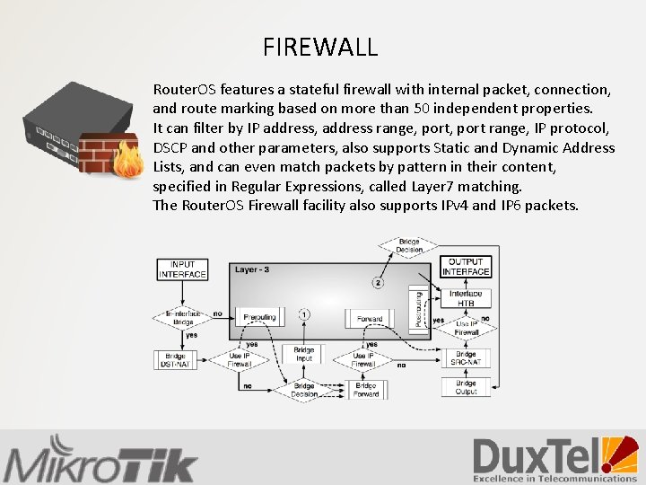FIREWALL Router. OS features a stateful firewall with internal packet, connection, and route marking