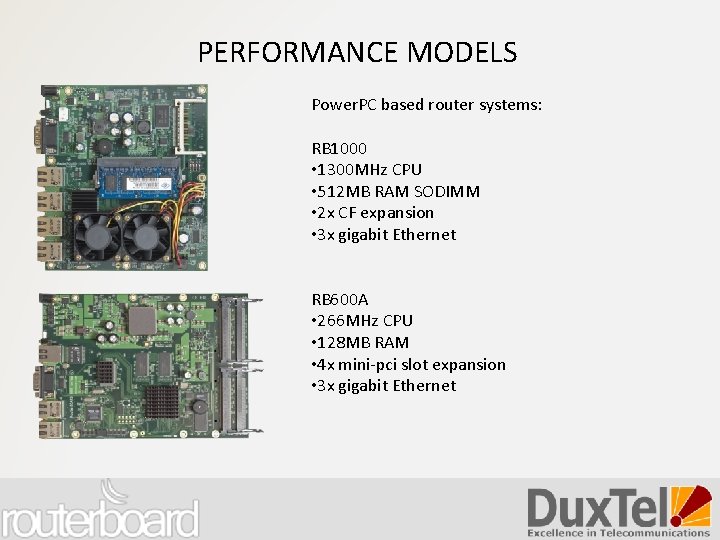 PERFORMANCE MODELS Power. PC based router systems: RB 1000 • 1300 MHz CPU •