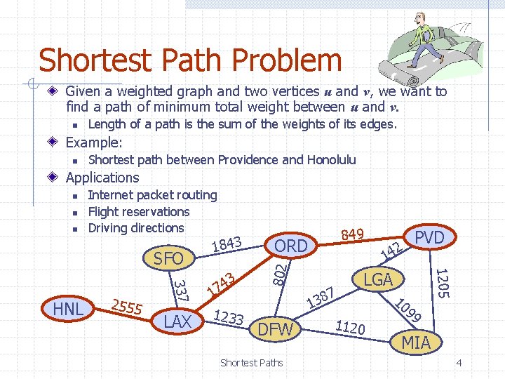 Shortest Path Problem Given a weighted graph and two vertices u and v, we