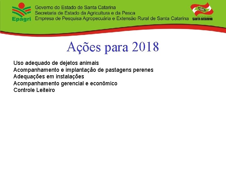 Ações para 2018 Uso adequado de dejetos animais Acompanhamento e implantação de pastagens perenes