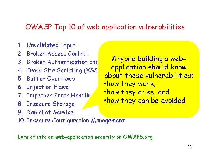 OWASP Top 10 of web application vulnerabilities 1. Unvalidated Input 2. Broken Access Control